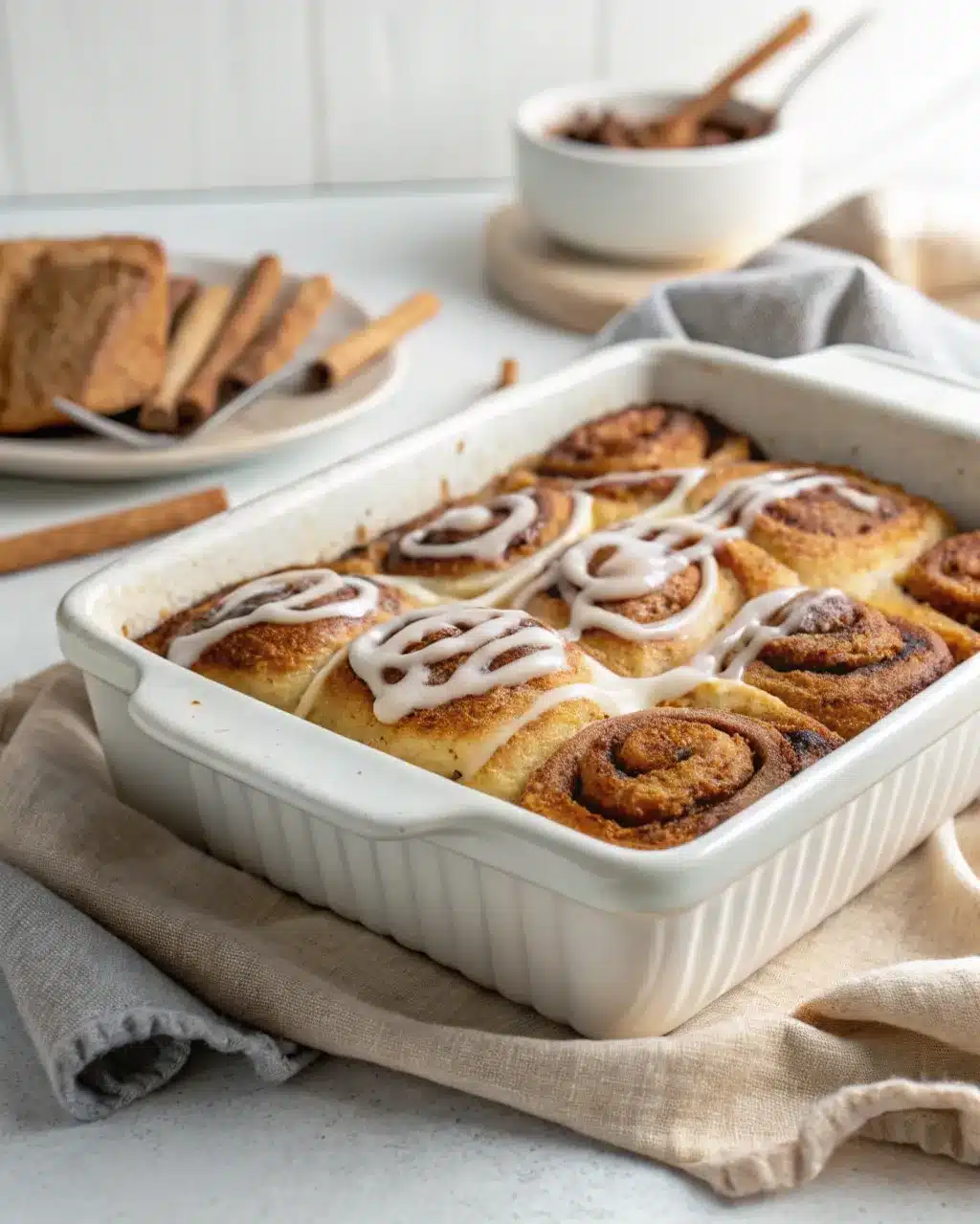 Freshly baked cinnamon roll casserole with icing in a white dish, ready to serve.
