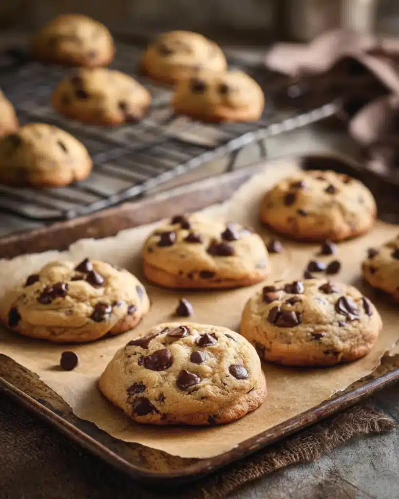 Freshly baked banana chocolate chip cookies cooling on a tray and wire rack.