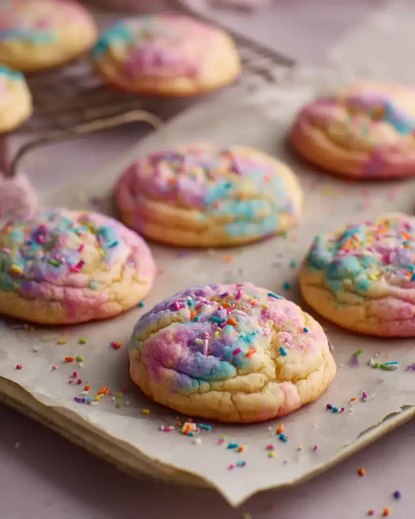 Freshly baked cotton candy cookies with rainbow sprinkles on parchment