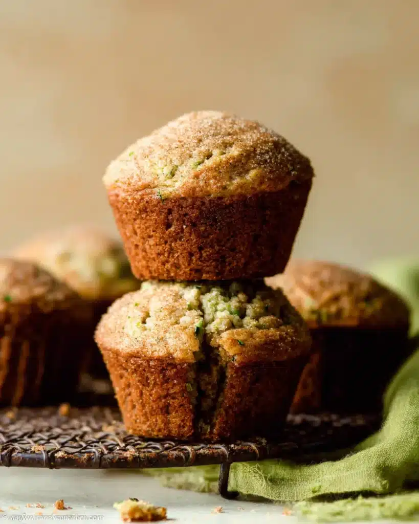 Freshly baked zucchini muffins stacked on a cooling rack, topped with cinnamon sugar.