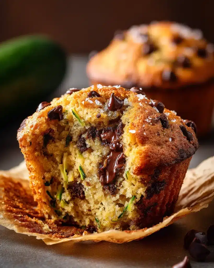 Close-up of chocolate chip zucchini muffin with moist interior and melted chocolate chunks.