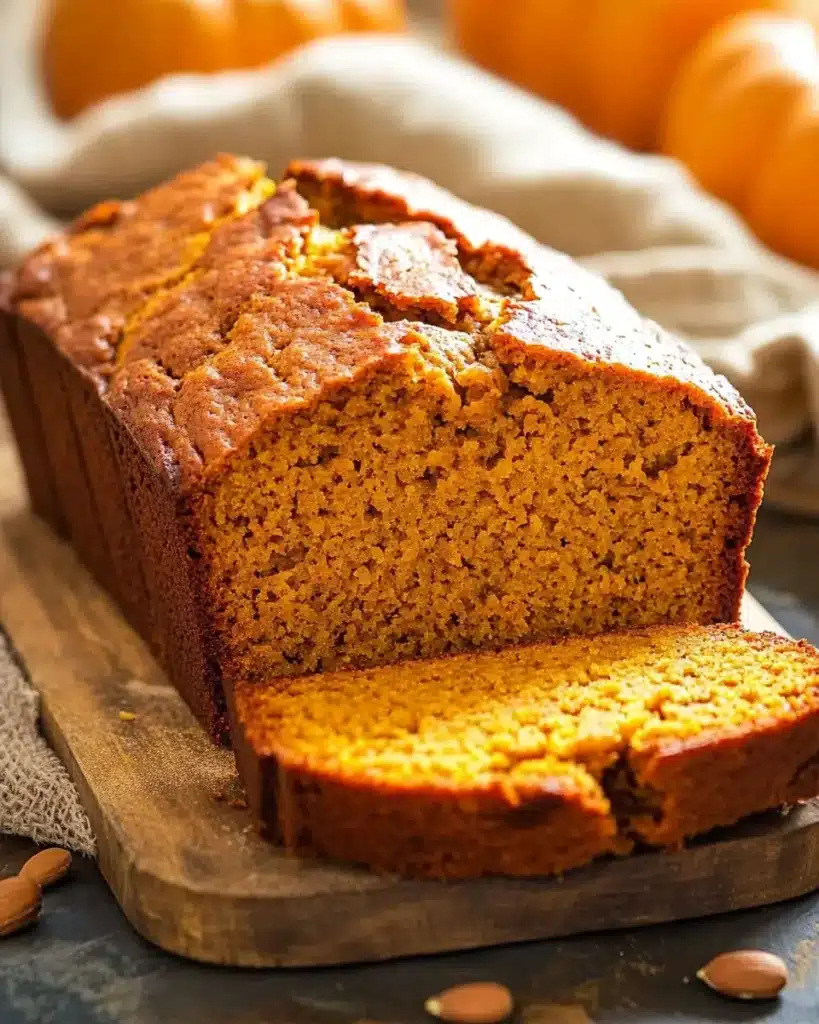 Freshly sliced moist pumpkin bread loaf on a wooden board