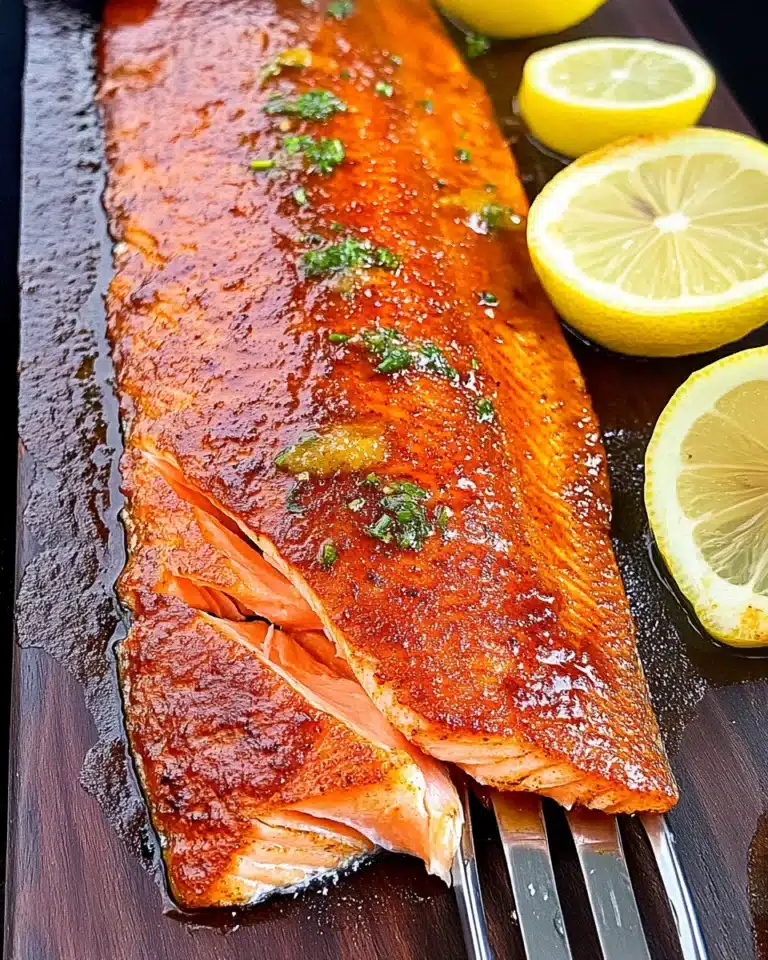 Close-up of honey-glazed Traeger smoked salmon fillet with lemon slices