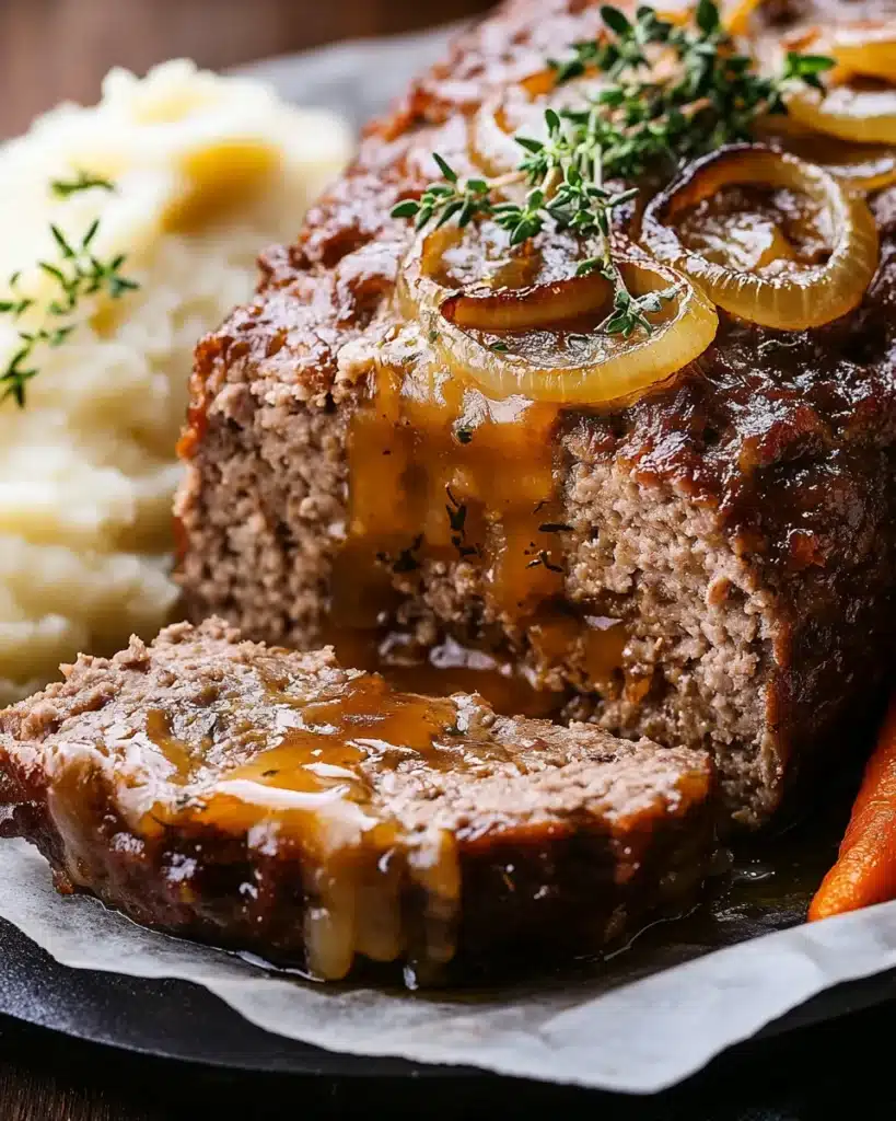 Juicy onion-stuffed meatloaf with gravy, mashed potatoes, and carrots
