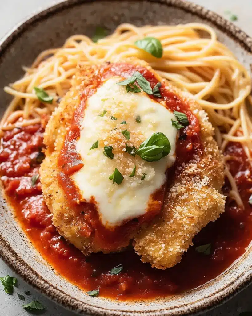 Easy cheesy chicken parmesan bake on spaghetti with basil garnish
