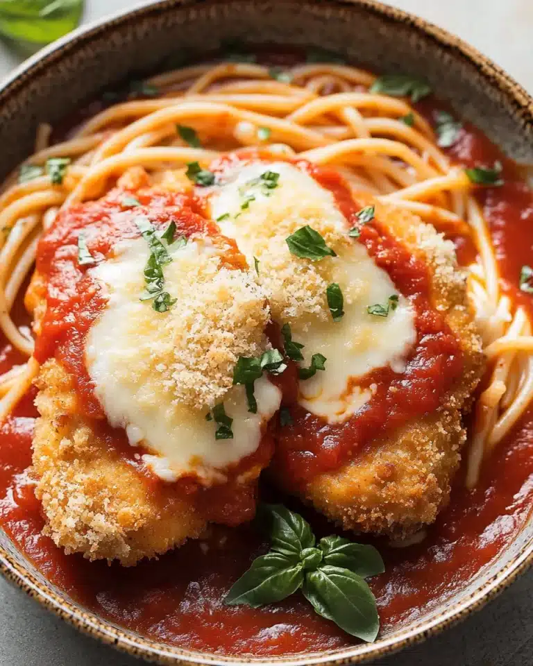 Crispy chicken parmesan over spaghetti with marinara and melted mozzarella