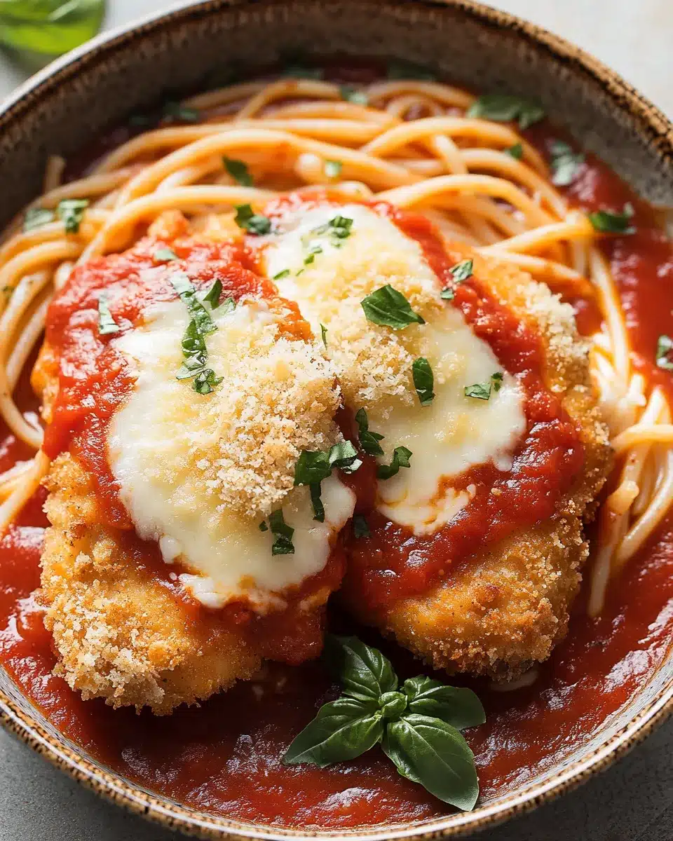 Crispy chicken parmesan over spaghetti with marinara and melted mozzarella