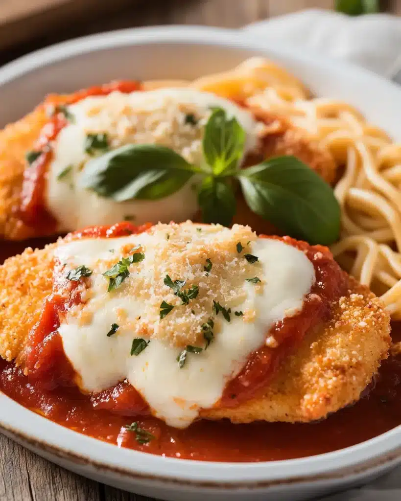 Golden baked chicken parmesan with mozzarella and pasta in white dish