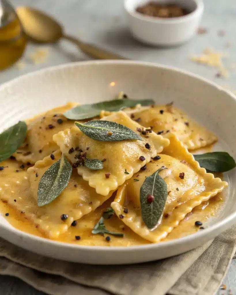 Butternut squash ravioli with brown butter sage sauce and cracked pepper