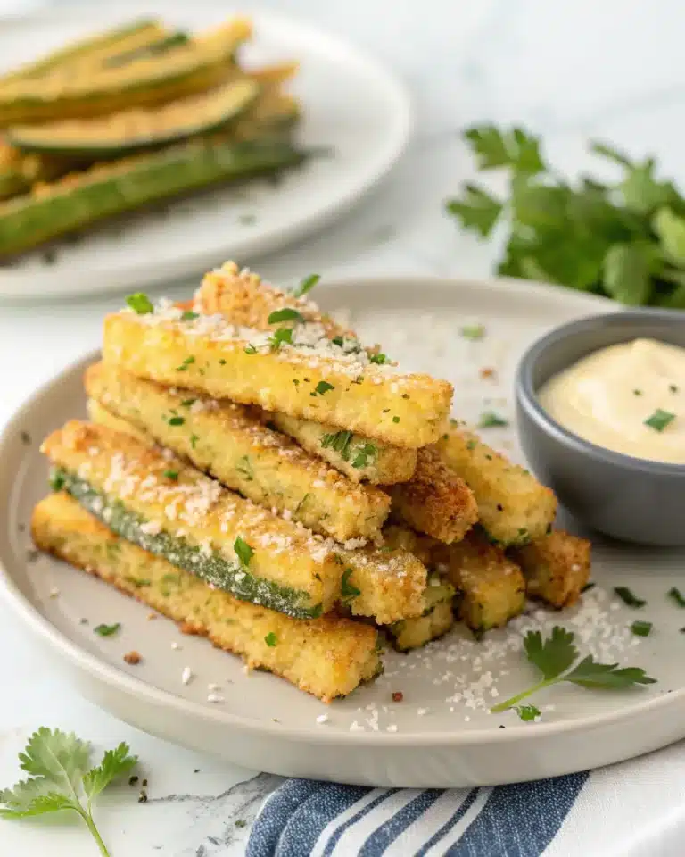 Crispy air fryer zucchini fries on a plate with Parmesan and dipping sauce