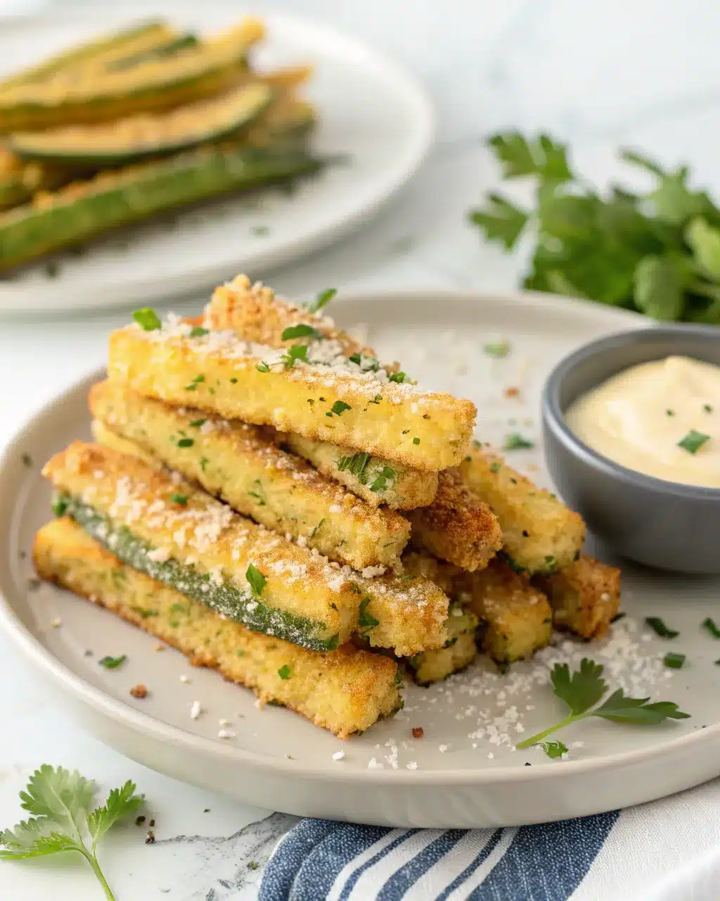 Crispy air fryer zucchini fries on a plate with Parmesan and dipping sauce