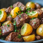 Garlic butter beef bites with golden potatoes and parsley in skillet