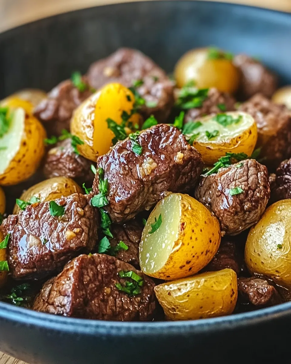 Garlic butter beef bites with golden potatoes and parsley in skillet