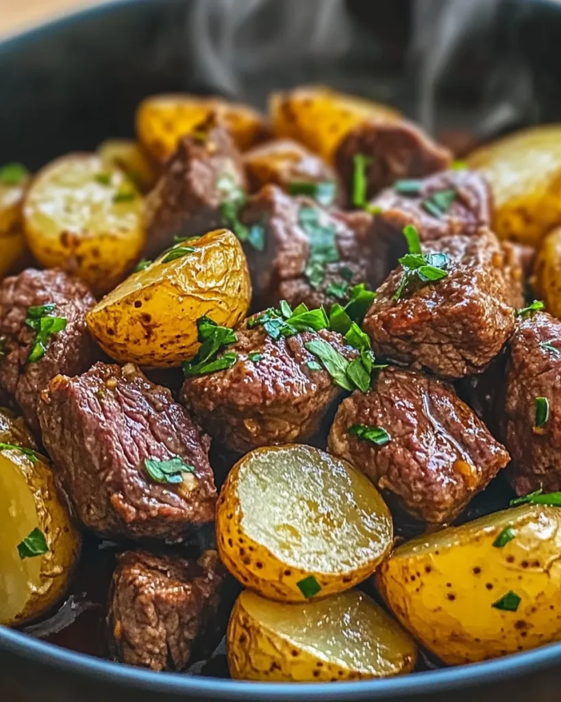 Steaming skillet of garlic butter beef bites with halved potatoes
