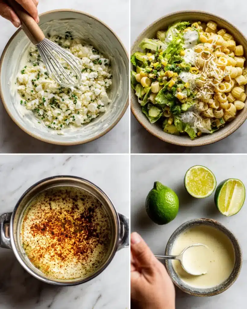 Step-by-step images of creamy street corn pasta salad preparation with dressings, corn, pasta, and spices