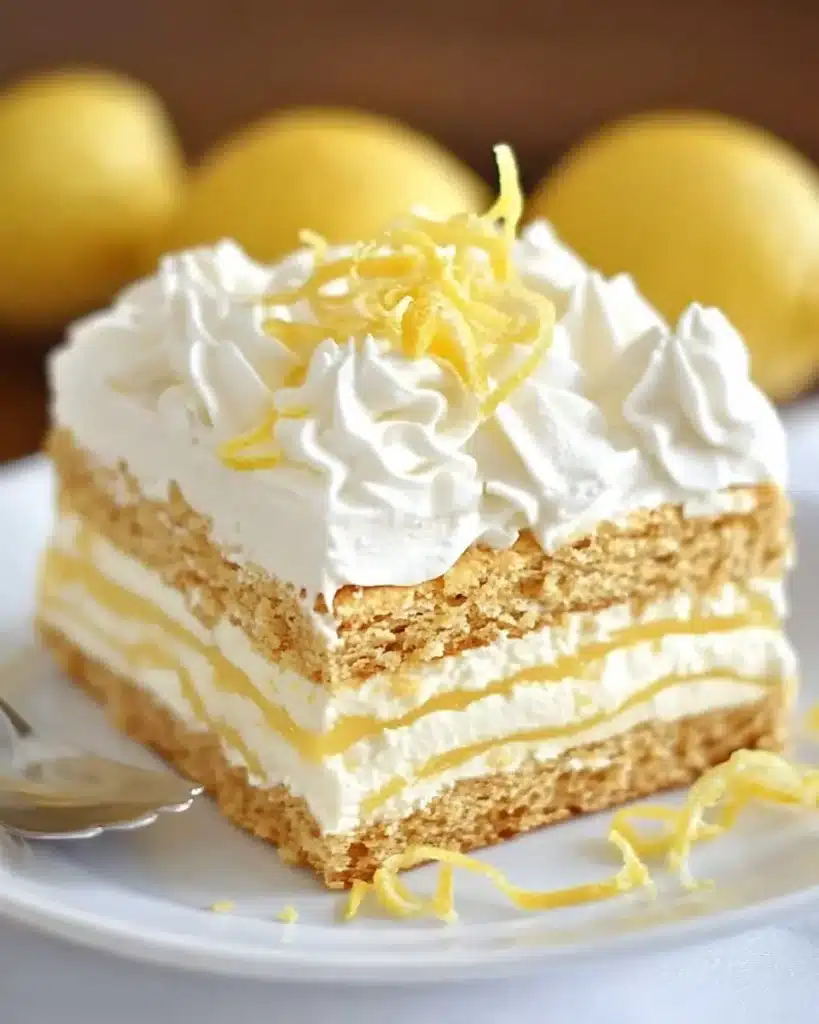 Slice of no-bake lemon éclair cake with whipped topping and lemon zest