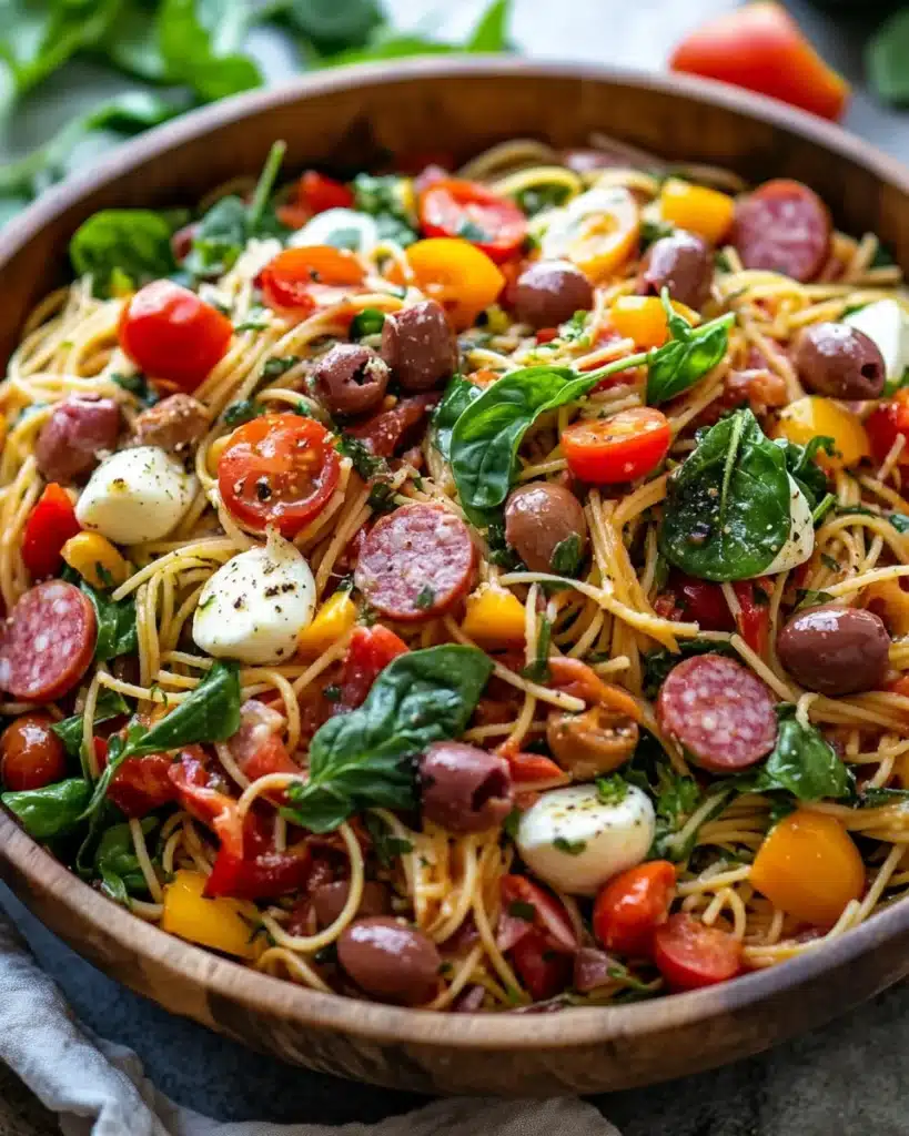 Italian spaghetti salad with spinach, salami, olives, mozzarella, and bell peppers