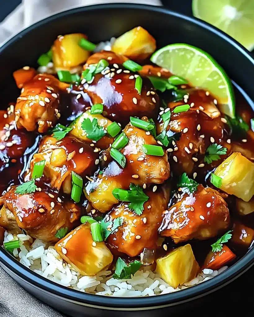 Slow cooker Hawaiian chicken with pineapple, sesame seeds, and green onions over white rice