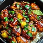 Sweet Hawaiian crockpot chicken with pineapple chunks over rice, garnished with cilantro and sesame seeds