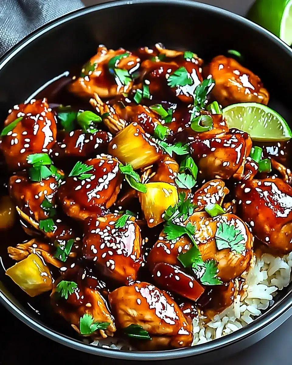 Sweet Hawaiian crockpot chicken with pineapple chunks over rice, garnished with cilantro and sesame seeds