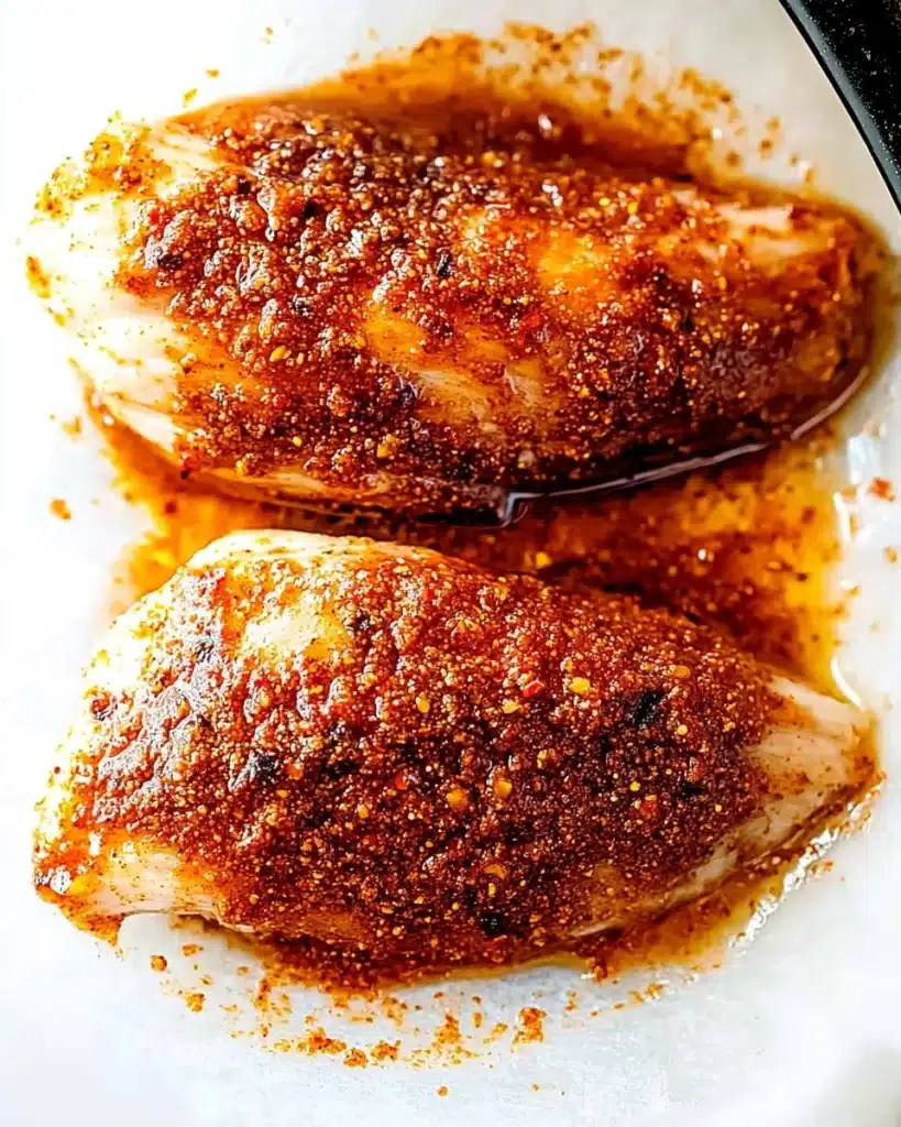 Raw chicken breasts coated in chili lime marinade on parchment paper. Fiesta Lime Chicken