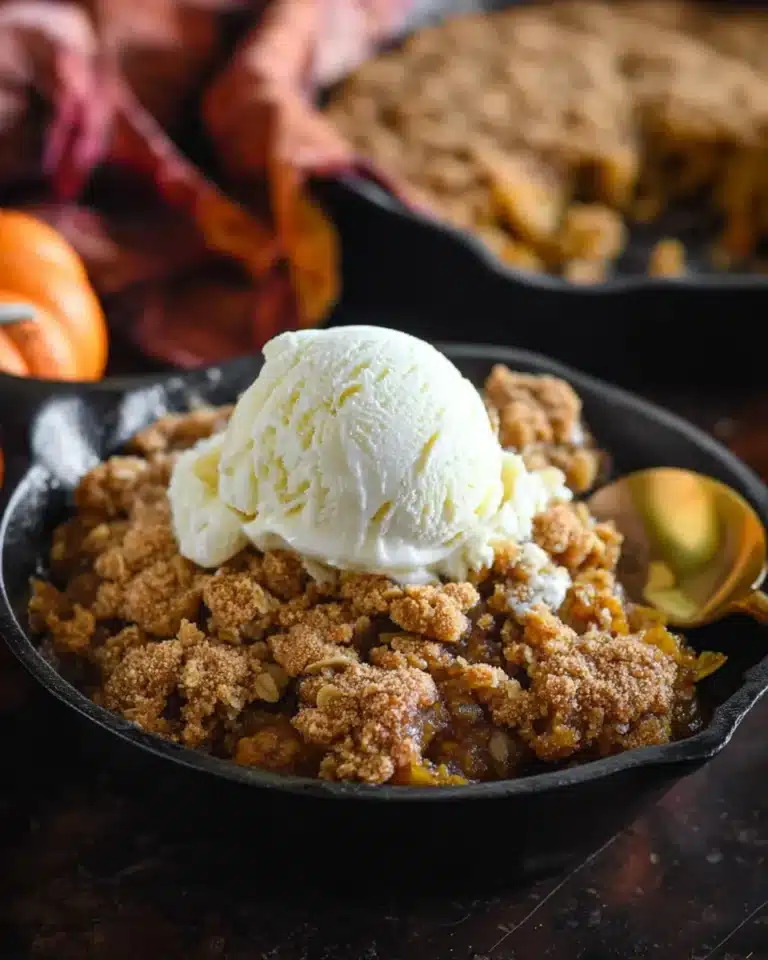 Pumpkin crisp with vanilla ice cream in a cast iron skillet, fall dessert