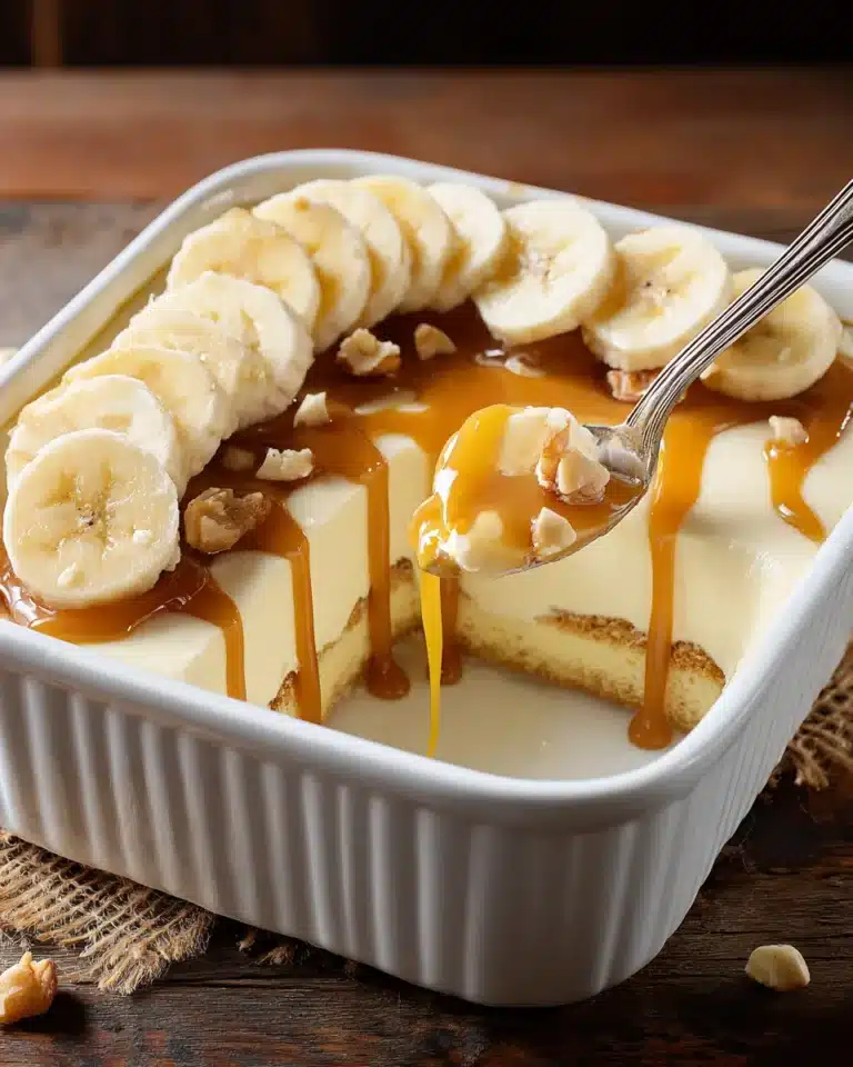 No-bake banana caramel dessert with cream layers, sliced bananas, and caramel drizzle in white dish.