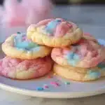 Stack of pastel pink and blue cotton candy cookies with sprinkles