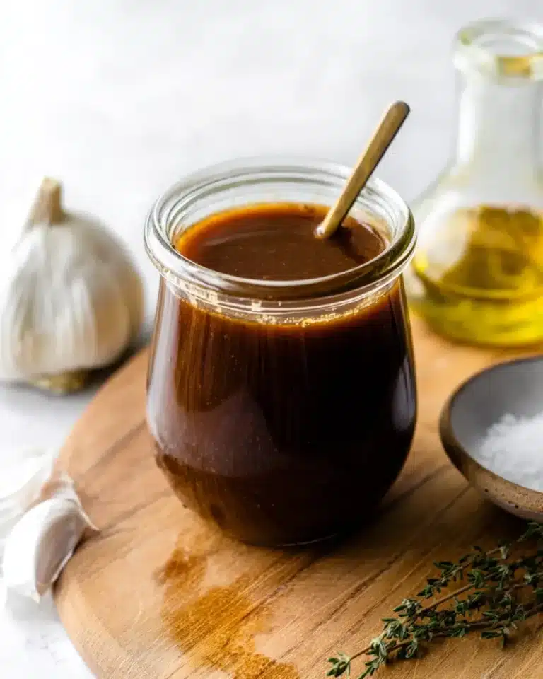 Homemade balsamic vinaigrette in glass jar with garlic and olive oil