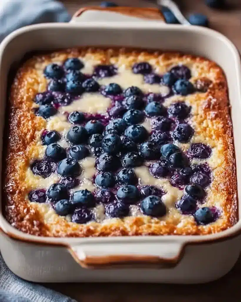 Golden-baked blueberry cottage cheese breakfast dish in ceramic pan