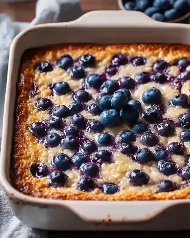 Freshly baked blueberry cottage cheese breakfast bake in a square dish