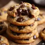 Tall stack of banana chocolate chip cookies with melted chocolate and sea salt.