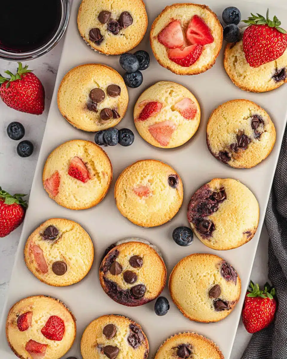 Mini pancake muffins with chocolate chips, strawberries, and blueberries on a tray