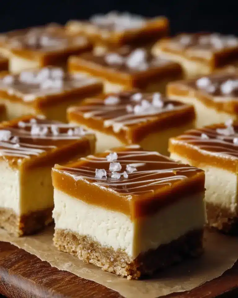 Close-up of Dulce de Leche Cheesecake Bars with graham crust and caramel swirl topping