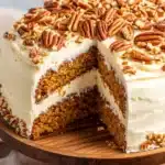 Pumpkin spice cake with cream cheese frosting topped with pecans