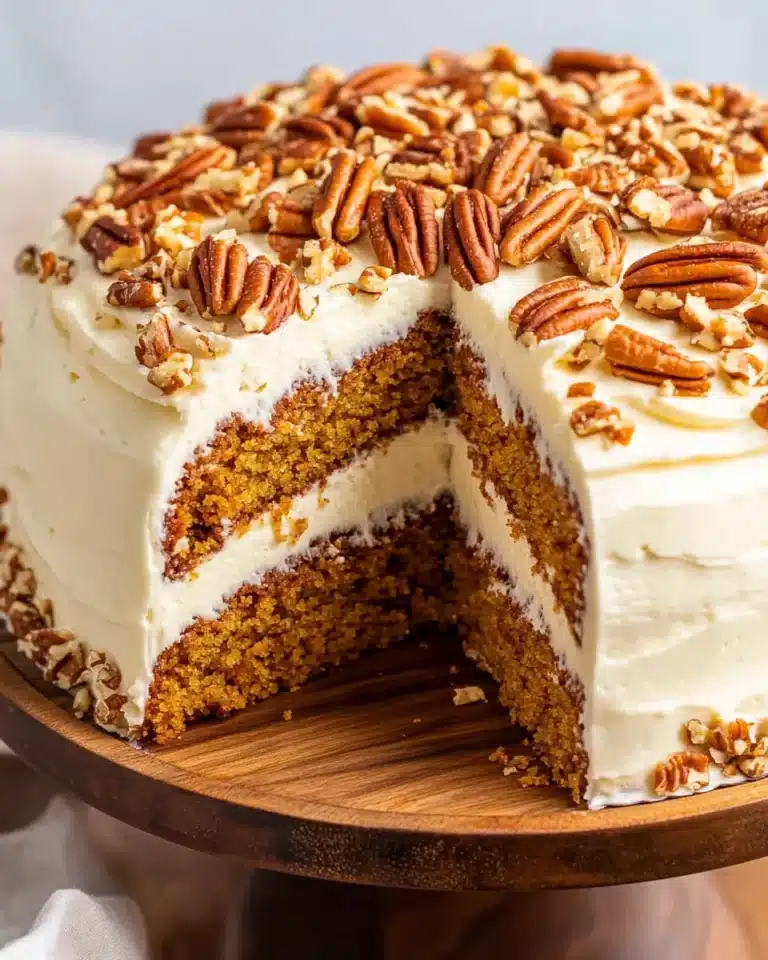 Pumpkin spice cake with cream cheese frosting topped with pecans