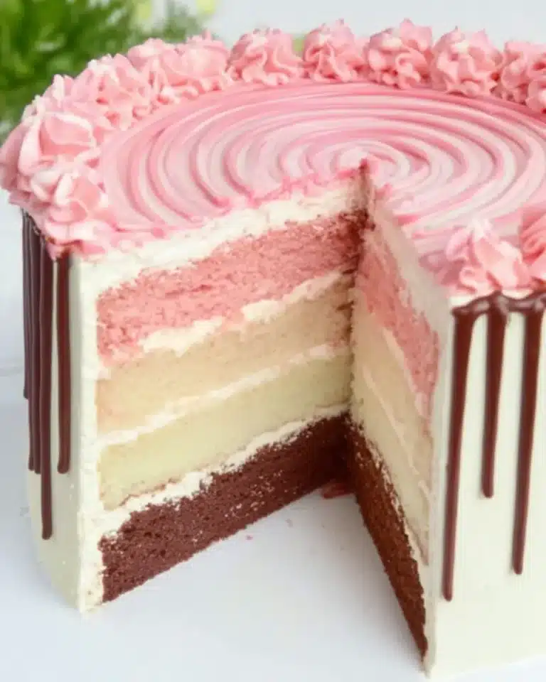 Layered Neapolitan cake with chocolate, vanilla, and strawberry slices, topped with pink buttercream and ganache drip.
