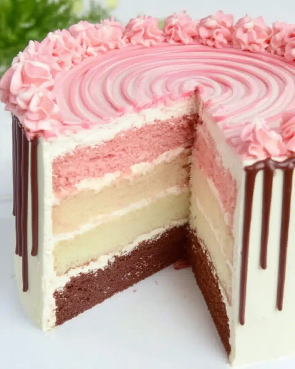 Layered Neapolitan cake with chocolate, vanilla, and strawberry slices, topped with pink buttercream and ganache drip.