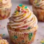 Colorful cupcake topped with Fruity Pebbles frosting and cereal sprinkles