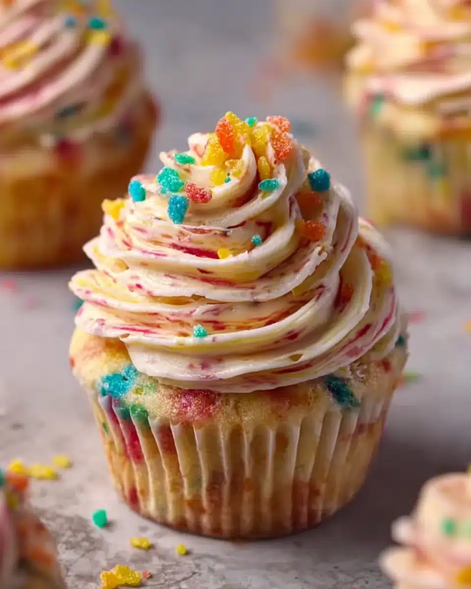 Cupcake topped with Fruity Pebbles ermine frosting and colorful cereal bits