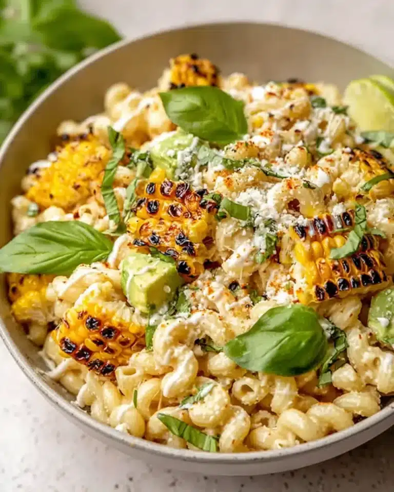 Creamy street corn pasta salad with grilled corn, avocado, cotija cheese, and fresh herbs