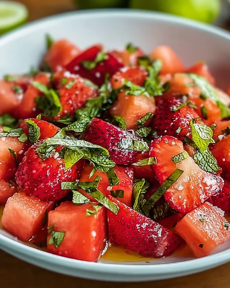 Strawberry watermelon salad with honey, lime, and fresh mint in a white bowl