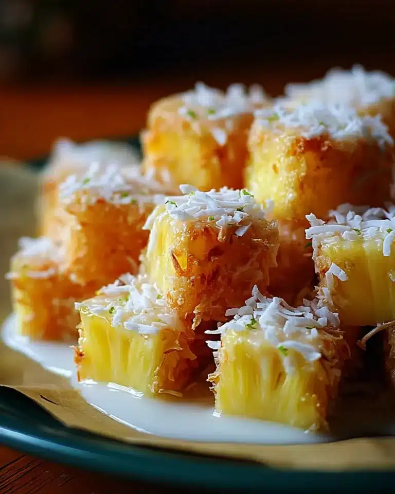 Bite-sized pineapple chunks coated in shredded coconut and lime zest