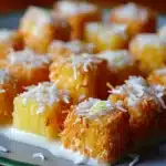 Golden pineapple bites coated in toasted coconut and topped with lime zest