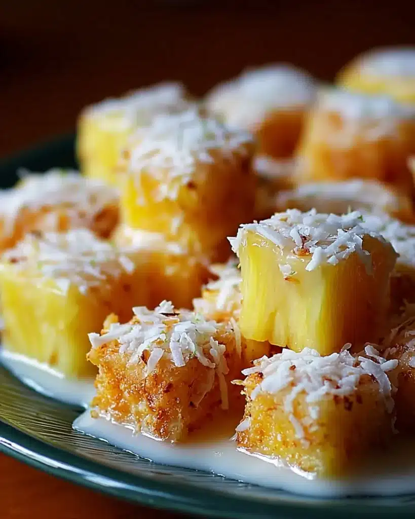 Close-up of pineapple chunks topped with shredded coconut and sweet glaze
