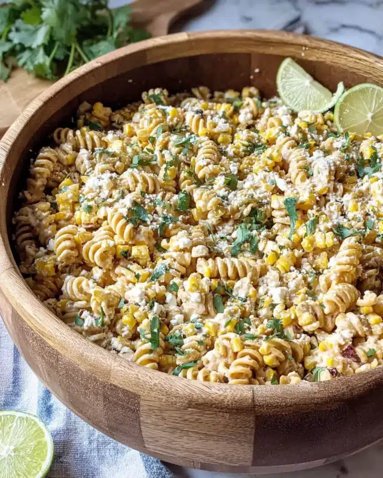 Elote pasta salad with corn, cotija cheese, and cilantro in a wooden bowl.