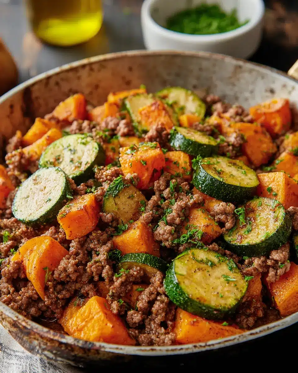 One-pan ground beef sweet potato skillet with zucchini and fresh parsley.