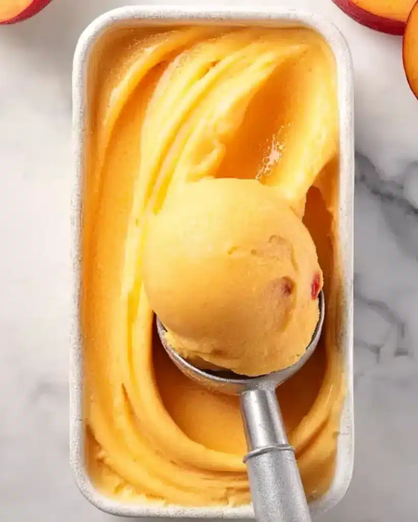 No-churn peach sorbet in a metal container with ice cream scoop