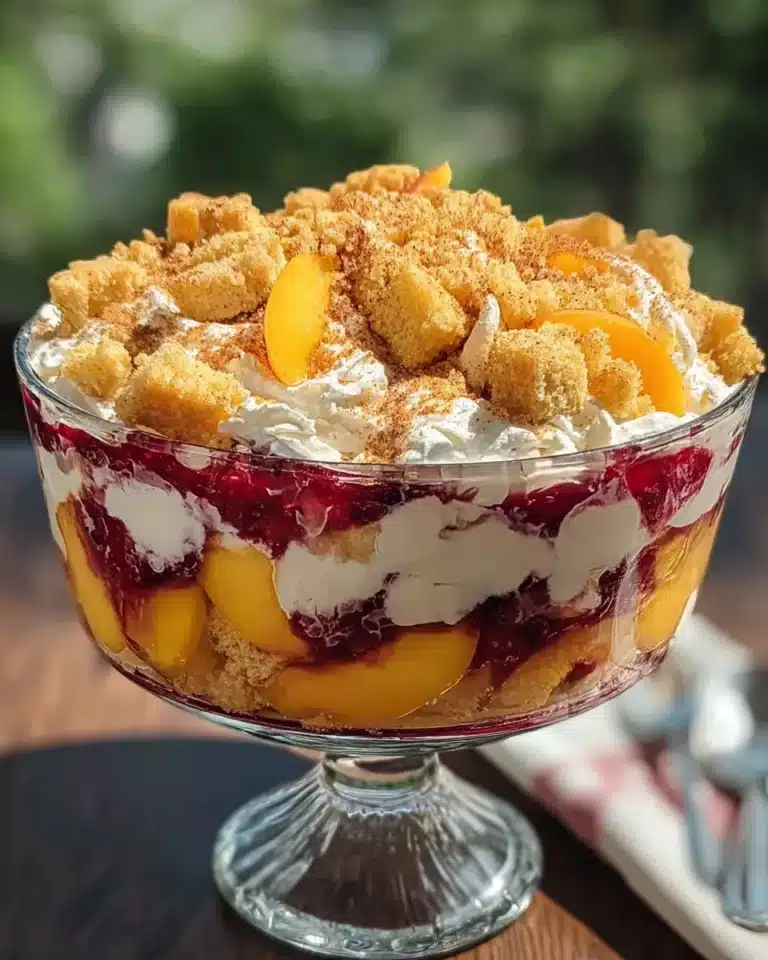 Layered peach cobbler trifle with whipped cream, cake, and fresh peaches in a glass bowl.