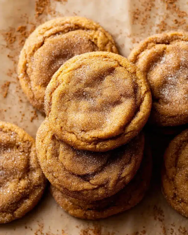 Chewy pumpkin snickerdoodle cookies stacked on parchment paper, coated in cinnamon sugar.